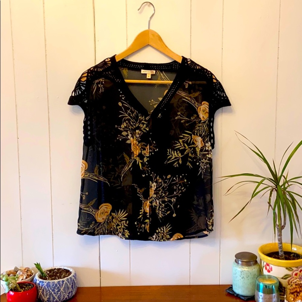 Meadow Rue Black Floral Sheer Blouse XS